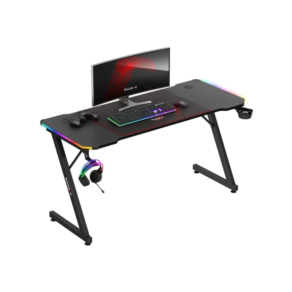 Birou Gaming Huzaro Hero 3.3 RGB – 140x60 cm, Iluminare LED, Suport Căști și Pahar, Negru (HZ-HERO 3.3 RGB)