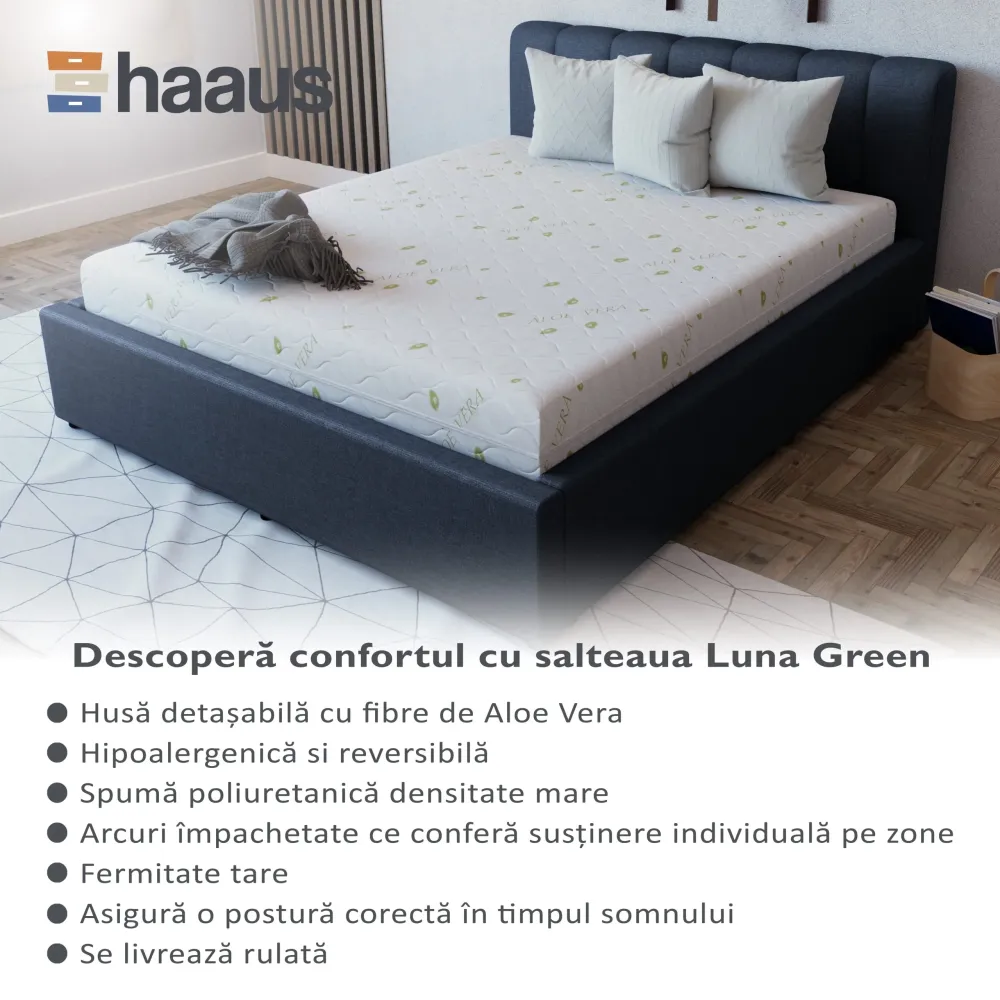 Saltea Ortopedica Luna Green, Aloe Vera, arcuri impachetate, husa detasabila, 90 x 200 x 20 cm