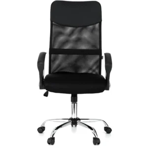 Scaun de birou ergonomic JRH, model VIRE, Negru, mecanism balans, bază oțel cromat, mesh + tetieră PU
