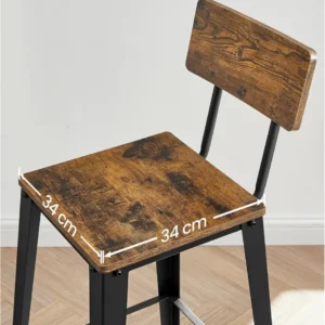 VASAGLE Set 2 scaune de bar, inalte cu spatar, industrial, 45x45x102cm, maro rustic si negru