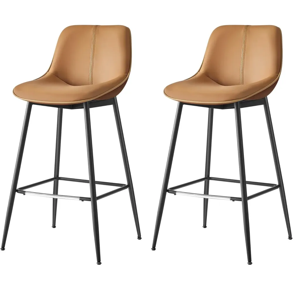 VASAGLE Set 2 scaune de bar, spatar ergonomic din piele ecologica, cadru metalic, 50x50x99 cm, maro caramel