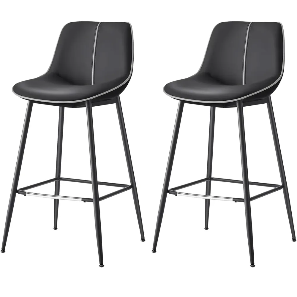 VASAGLE Set 2 scaune de bar, spatar ergonomic din piele ecologica, cadru metalic, 50x50x99 cm, negru