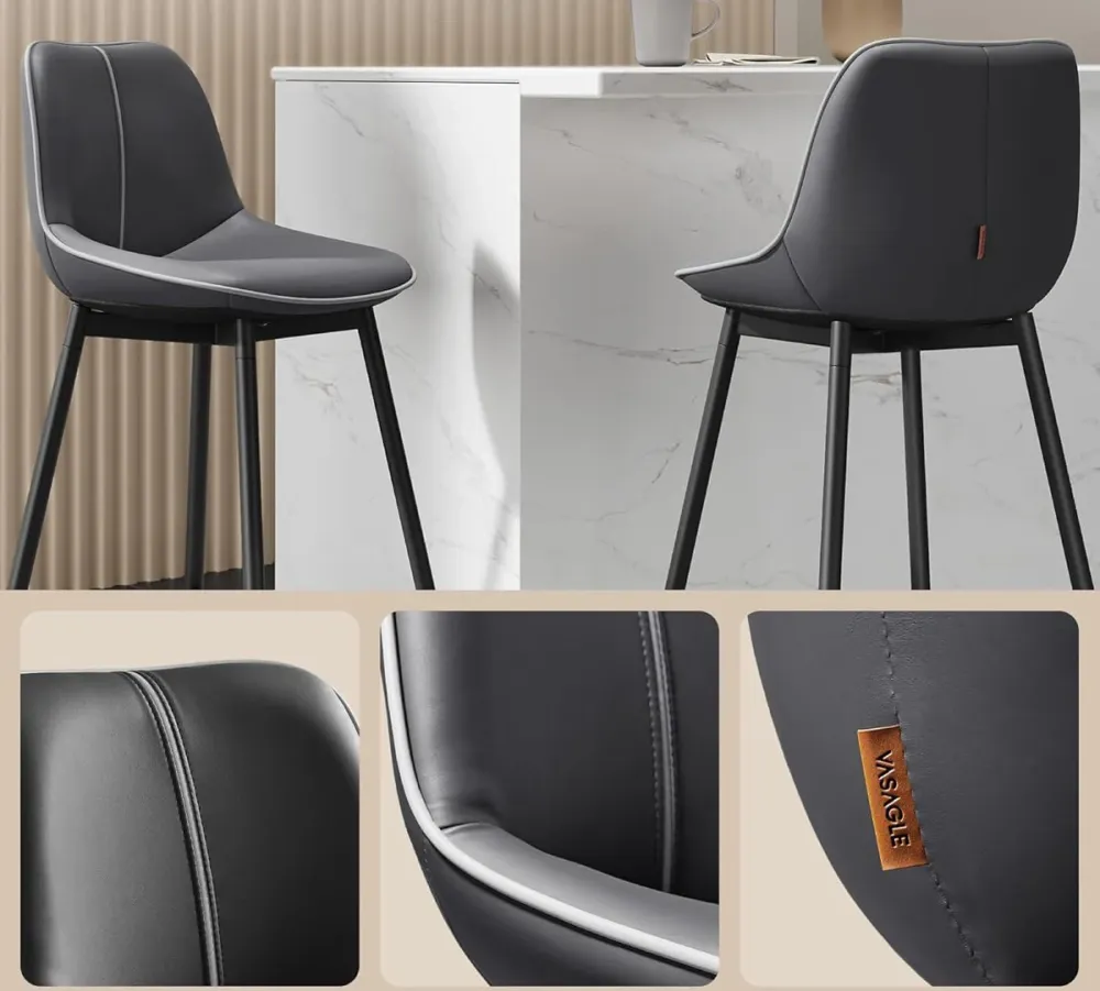 VASAGLE Set 2 scaune de bar, spatar ergonomic din piele ecologica, cadru metalic, 50x50x99 cm, negru