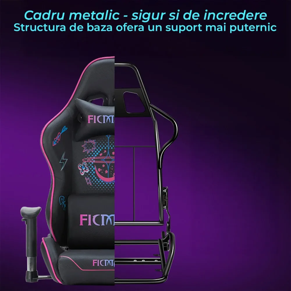 Scaun Gaming Timebox, 160°, Tetiera si Perna Lombara, Roz