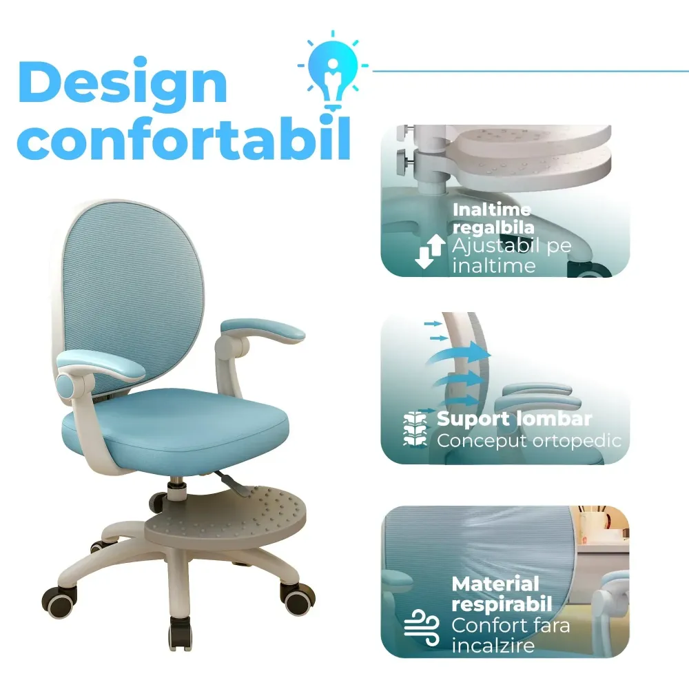 Scaun Reglabil pentru Copii, Model Ergonomic cu Spatar Confortabil, Albastru