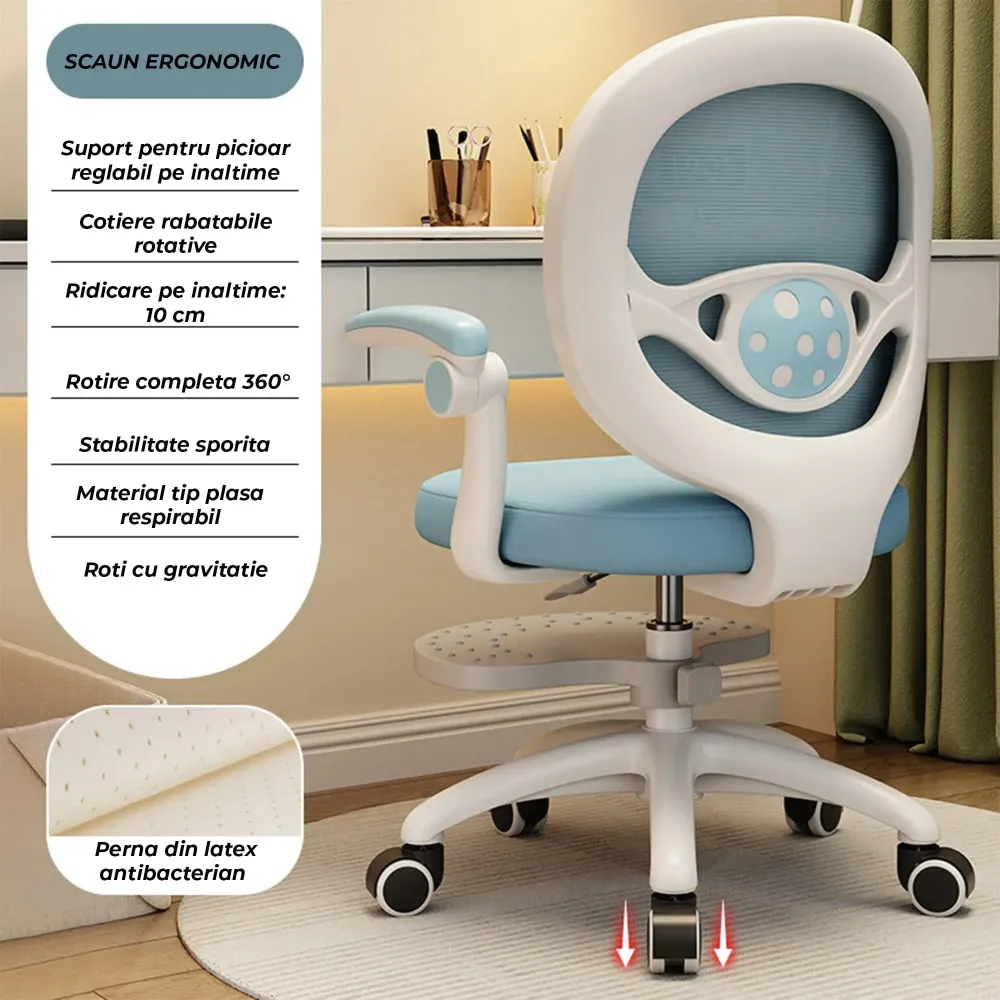 Scaun Reglabil pentru Copii, Model Ergonomic cu Spatar Confortabil, Albastru