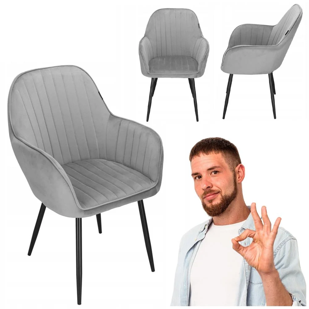 Scaun living tapitat, design modern, catifea, picioare metalice, 85x52x46 cm, gri