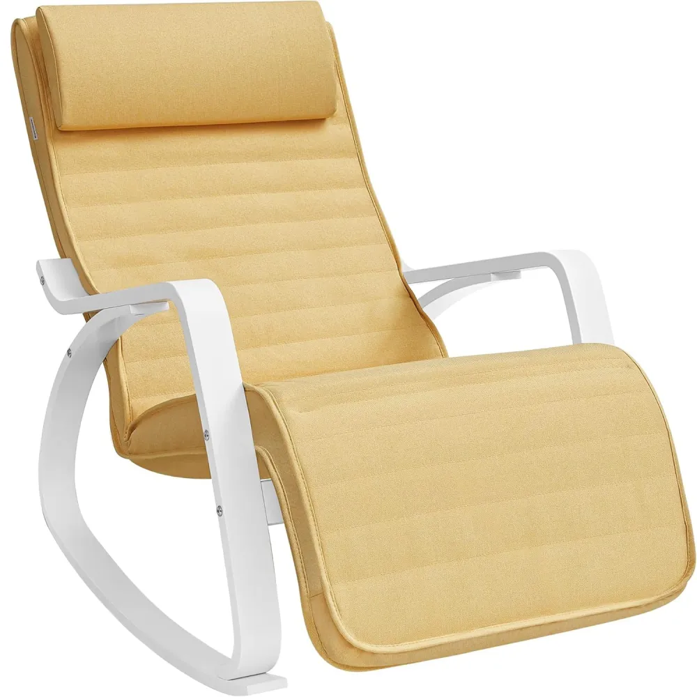 SONGMICS Scaun balansoar din lemn, suport picioare reglabil, maxim 150kg, 55x122x84cm, galben-pastel