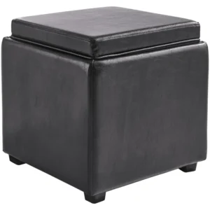 Taburet Heine Home cu tava inclusa din piele ecologica neagra, 43x43 cm