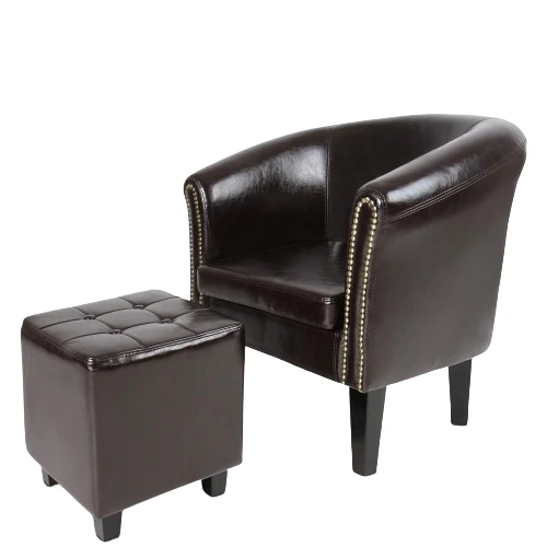 Fotoliu Chesterfield cu taburet, din lemn si imitatie de piele, cu nituri din cupru, maro