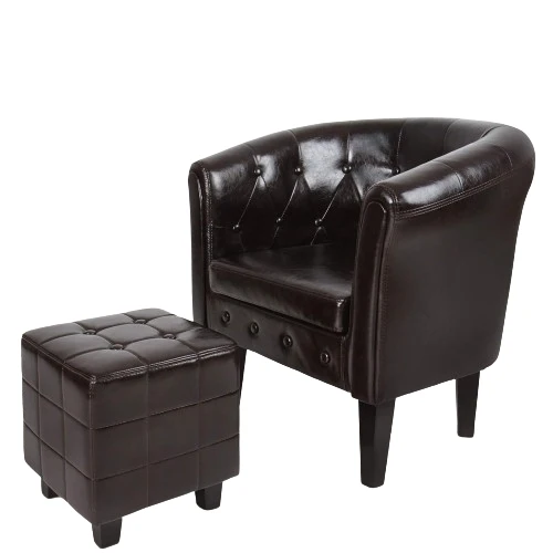 Fotoliu Chesterfield cu taburet, din lemn si imitatie de piele, maro