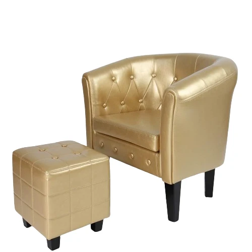 Fotoliu Chesterfield cu taburet, din lemn si imitatie de piele, auriu