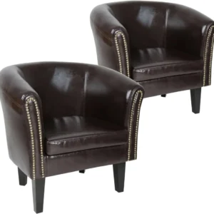 Set 2 fotolii Chesterfield, din lemn si imitatie de piele cu nituri de cupru, maro