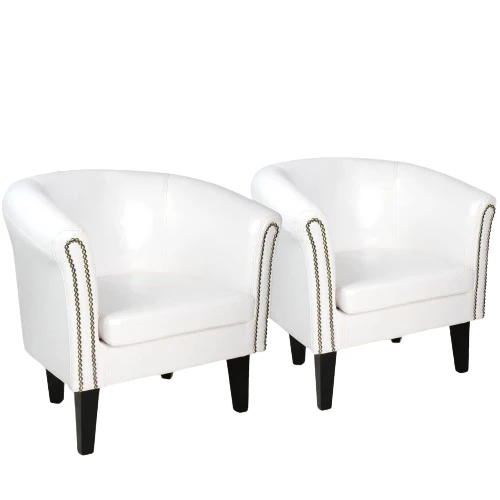 Set 2 fotolii Chesterfield, din lemn si imitatie de piele cu nituri de cupru, alb