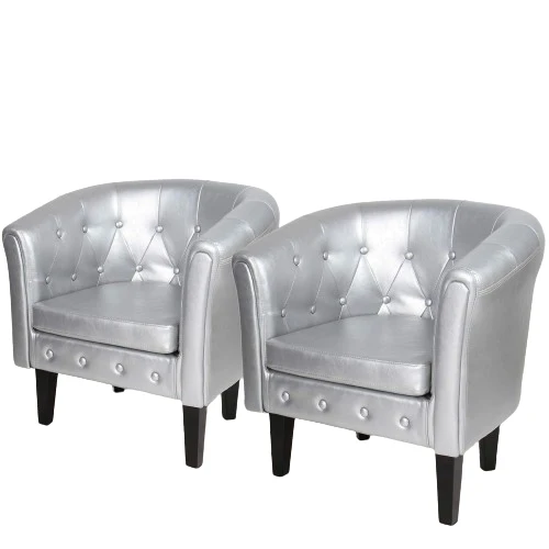Set 2 fotolii Chesterfield, din lemn si imitatie de piele, argintiu