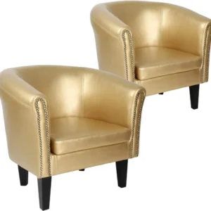 Set 2 fotolii Chesterfield, din lemn si imitatie de piele cu nituri de cupru, auriu