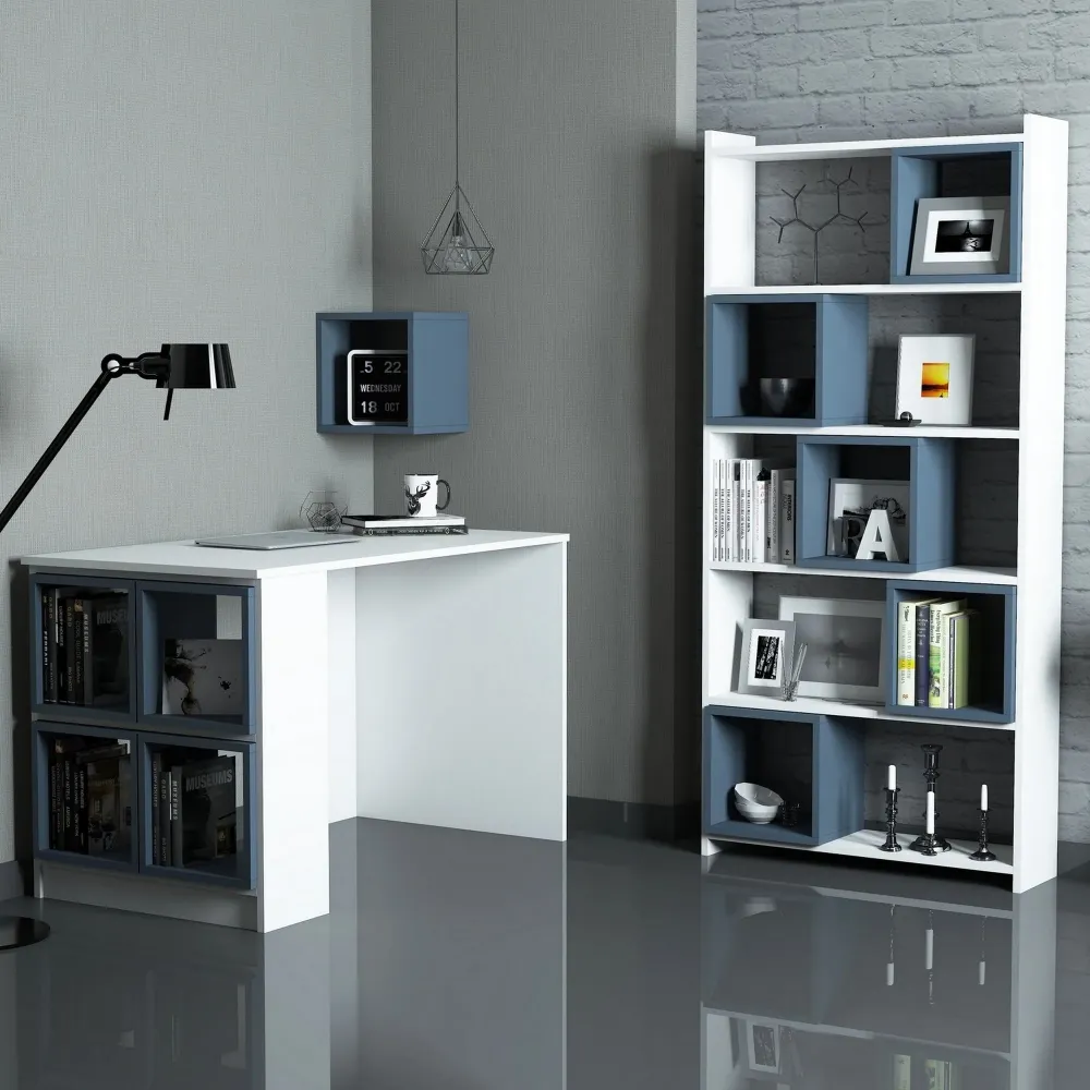 Set mobilier birou BOX, alb/albastru, PAL melaminat, 3 piese