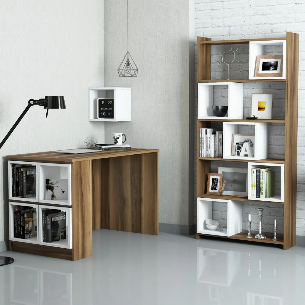 Set mobilier birou BOX, nuc/alb, PAL melaminat, 3 piese