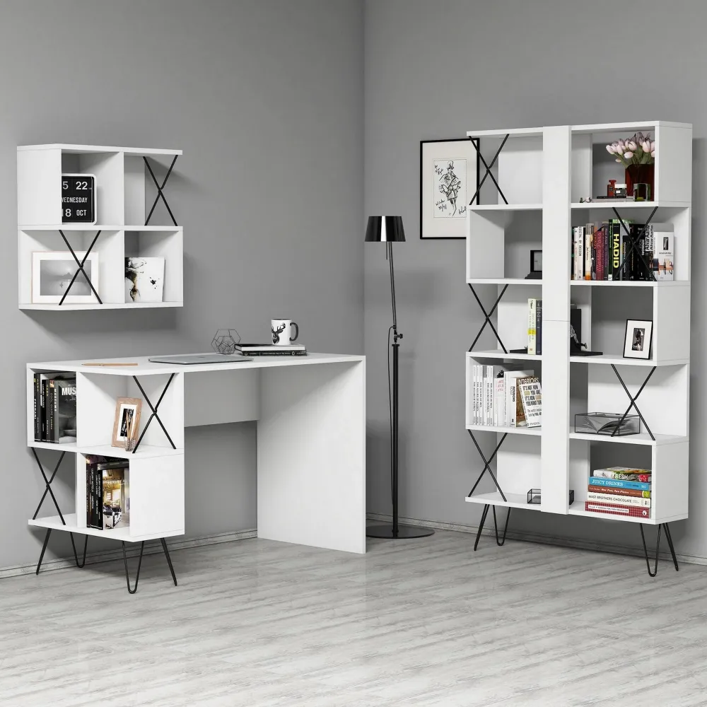 Set mobilier birou EXTRA 2, alb/negru, PAL melaminat/metal, 3 piese