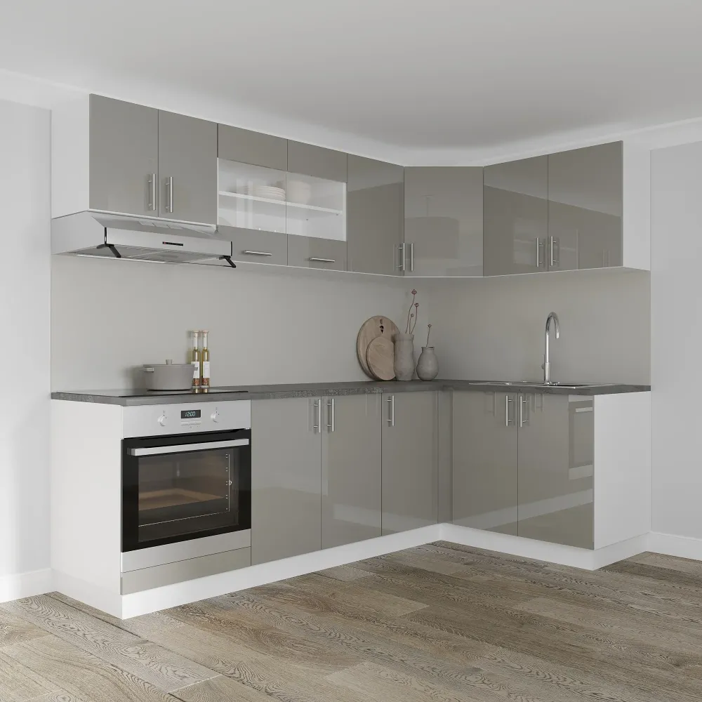 Set Bucatarie Colt haaus Karo V34, Gri Lucios/Alb, MDF, Blat Thermo 28 mm, L 240 x 140 cm
