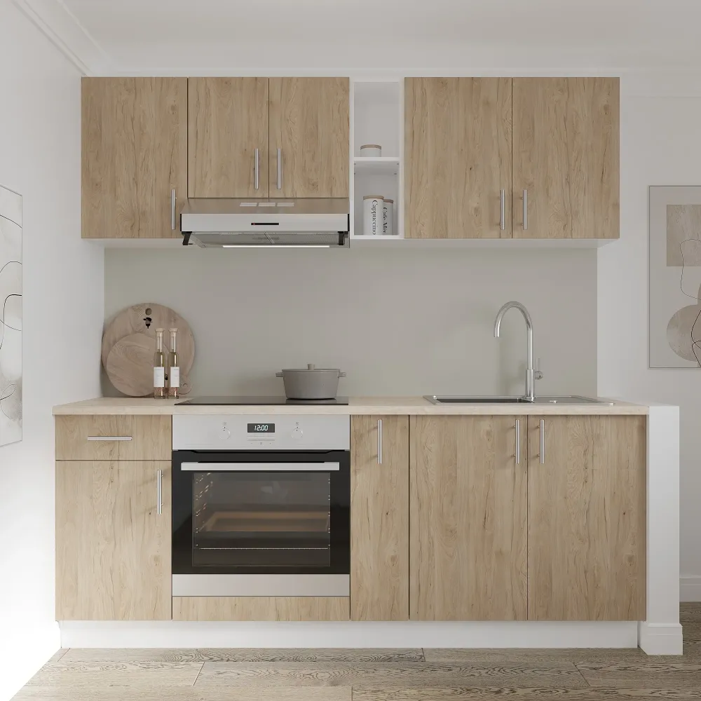 Set Bucatarie haaus Karo V11, Lemn Natural/Alb, Blat Thermo 28 mm, L 200 cm