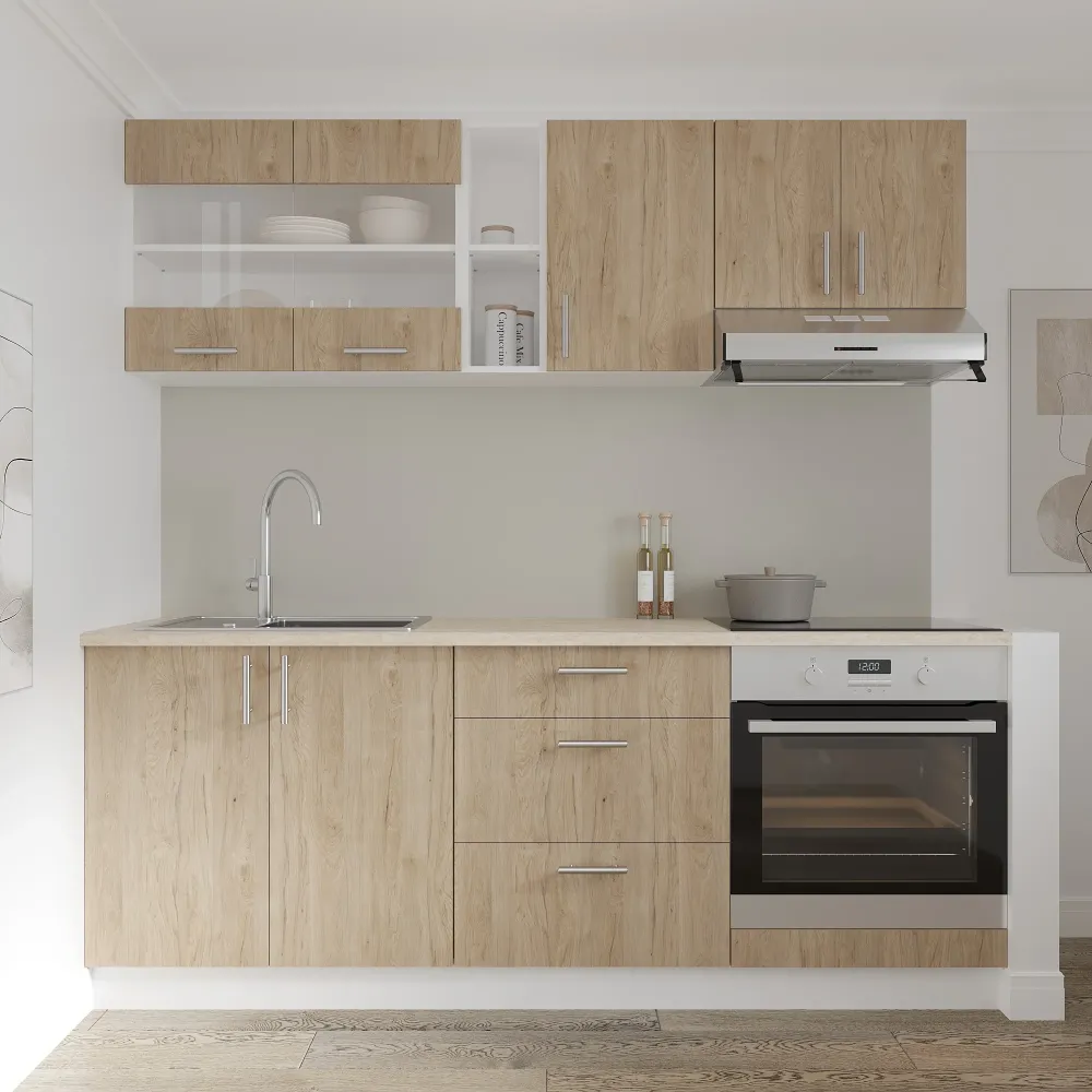 Set Bucatarie haaus Karo V12, Lemn Natural/Alb, Blat Thermo 28 mm, L 200 cm