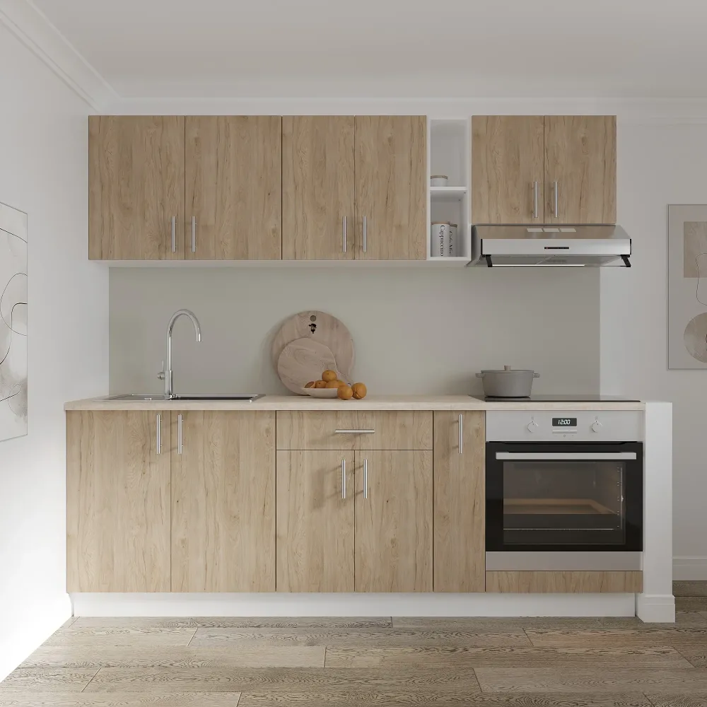 Set Bucatarie haaus Karo V14, Lemn Natural/Alb, Blat Thermo 28 mm, L 220 cm