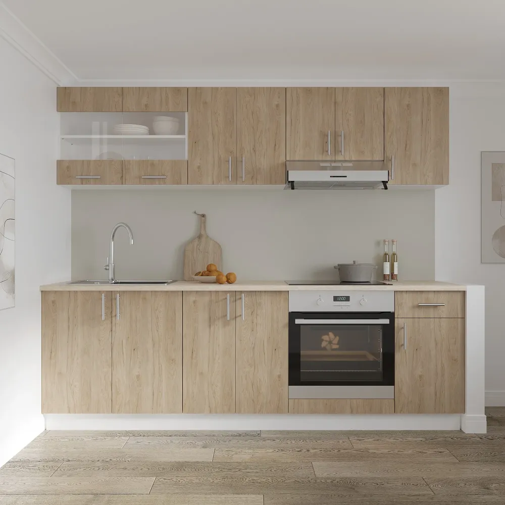 Set Bucatarie haaus Karo V15, Lemn Natural/Alb, Blat Thermo 28 mm, L 240 cm