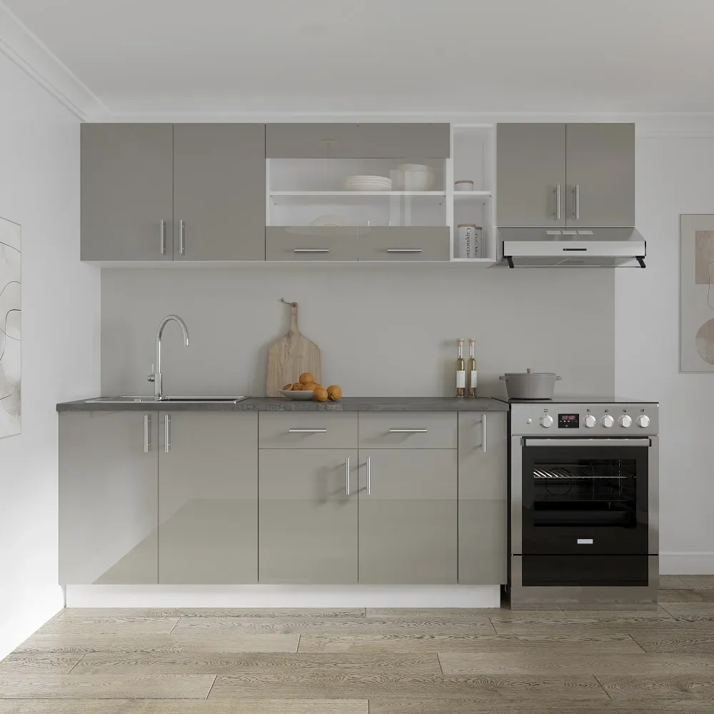 Set Bucatarie haaus Karo V16, Gri Lucios/Alb, MDF, Blat Thermo 28 mm, L 240 cm