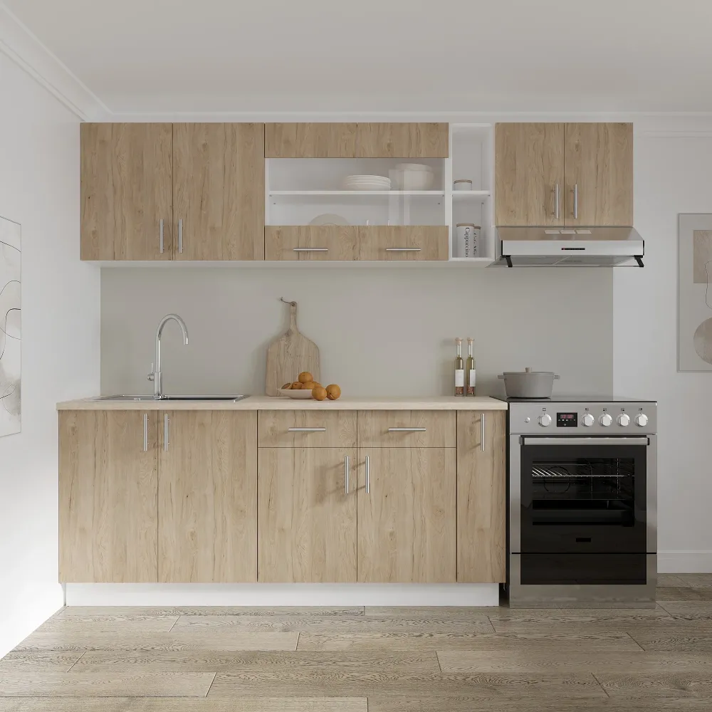 Set Bucatarie haaus Karo V16, Lemn Natural/Alb, Blat Thermo 28 mm, L 240 cm