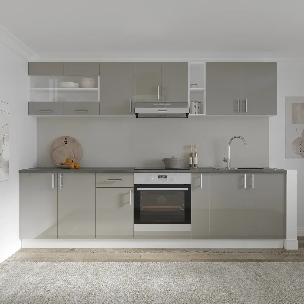 Set Bucatarie haaus Karo V21, Gri Lucios/Alb, MDF, Blat Thermo 28 mm, L 280 cm