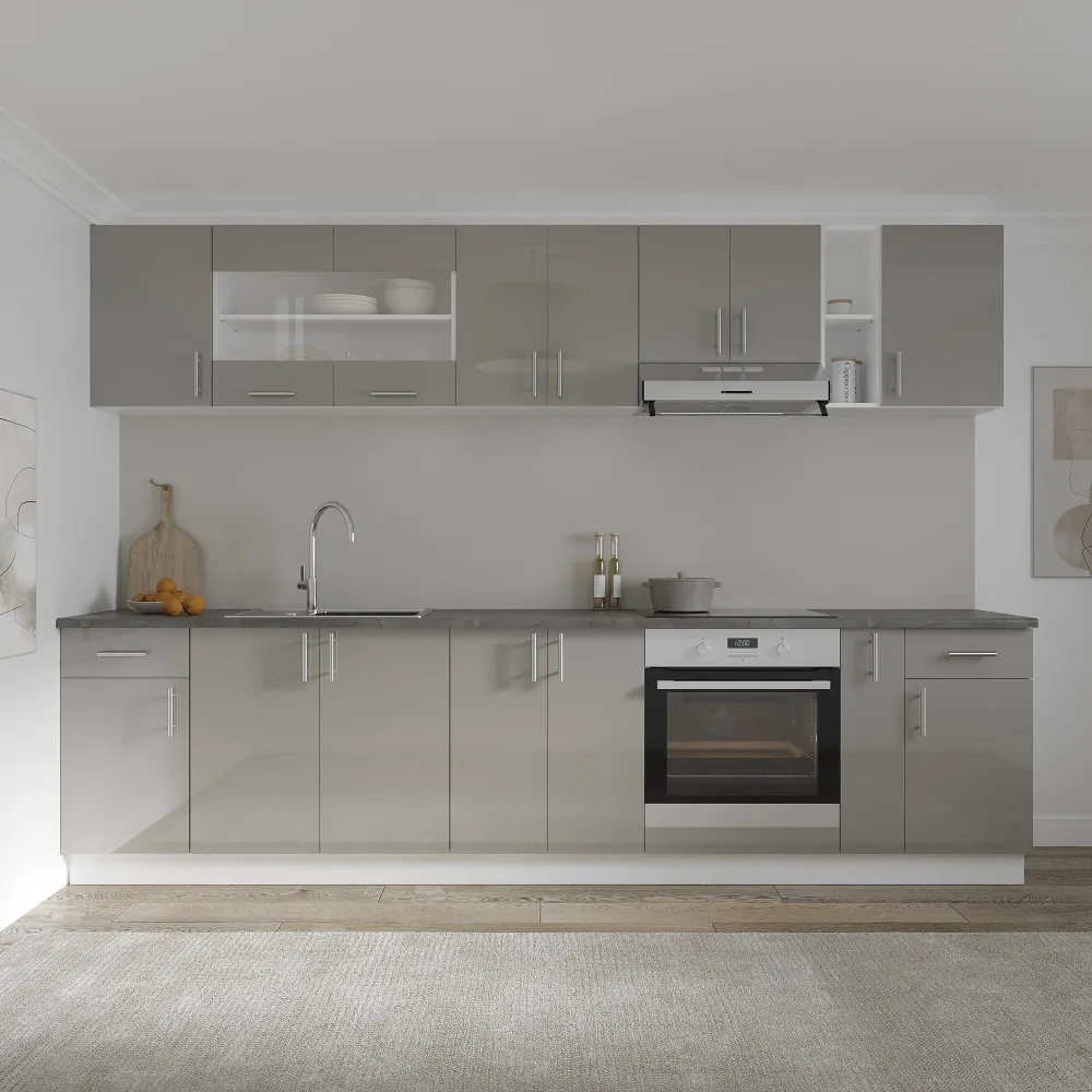 Set Bucatarie haaus Karo V25, Gri Lucios/Alb, MDF, Blat Thermo 28 mm, L 300 cm