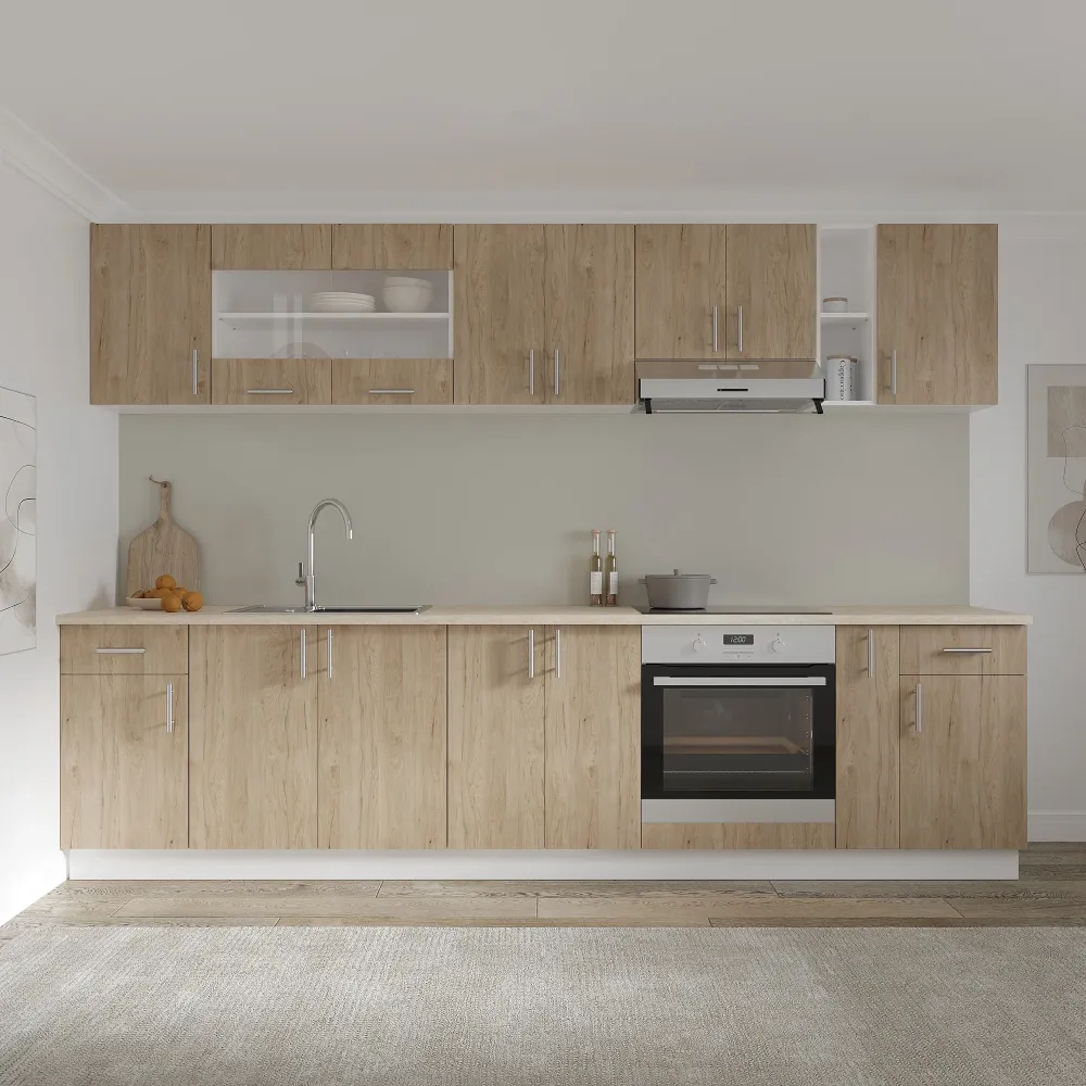 Set Bucatarie haaus Karo V25, Lemn Natural/Alb, Blat Thermo 28 mm, L 300 cm