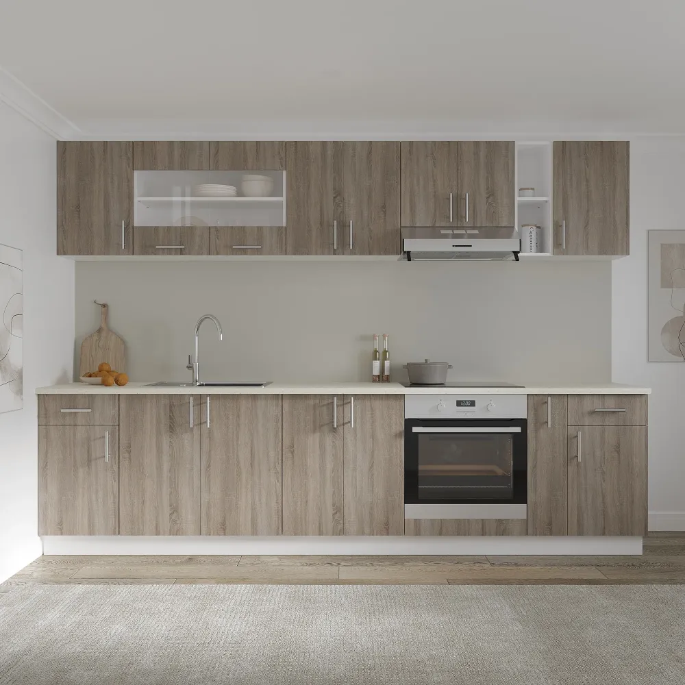 Set Bucatarie haaus Karo V25, Stejar Sonoma Inchis/Alb, Blat Thermo 28 mm, L 300 cm