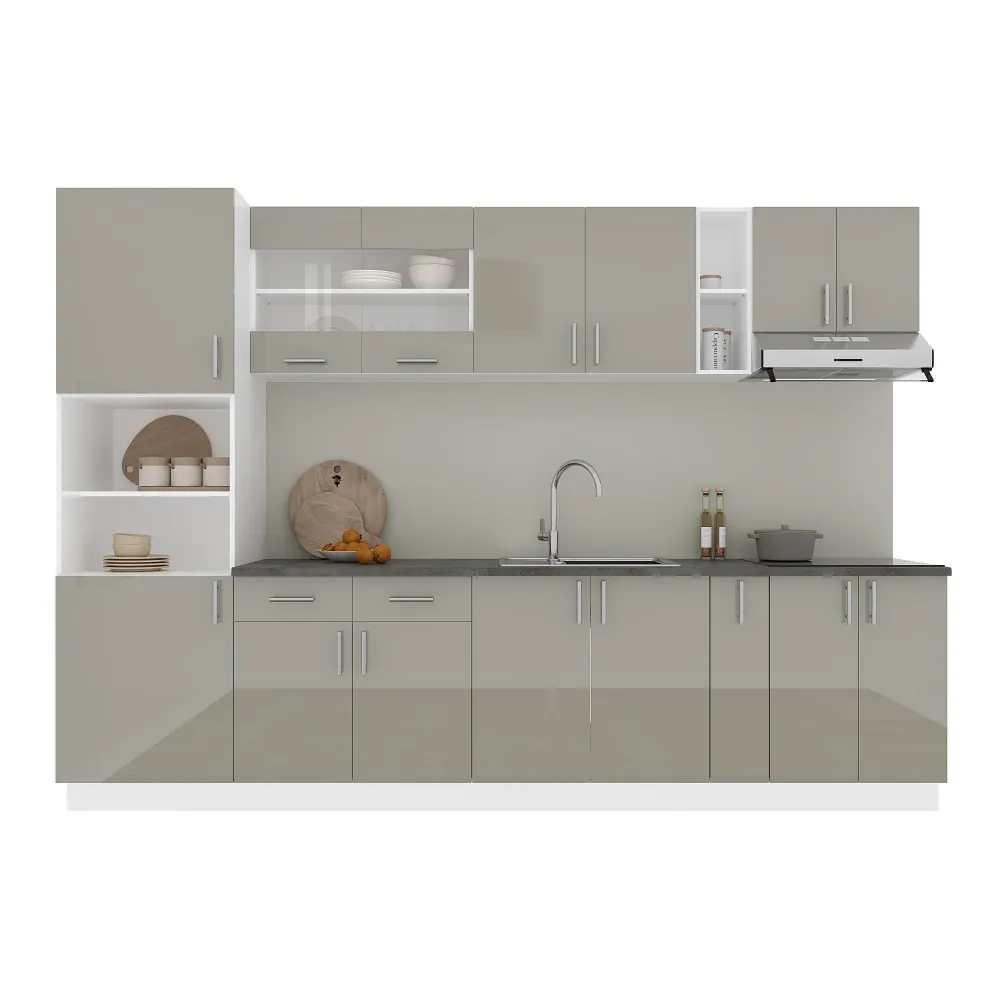 Set Bucatarie haaus Karo V26, Gri Lucios/Alb, MDF, Blat Thermo 28 mm, L 300 cm