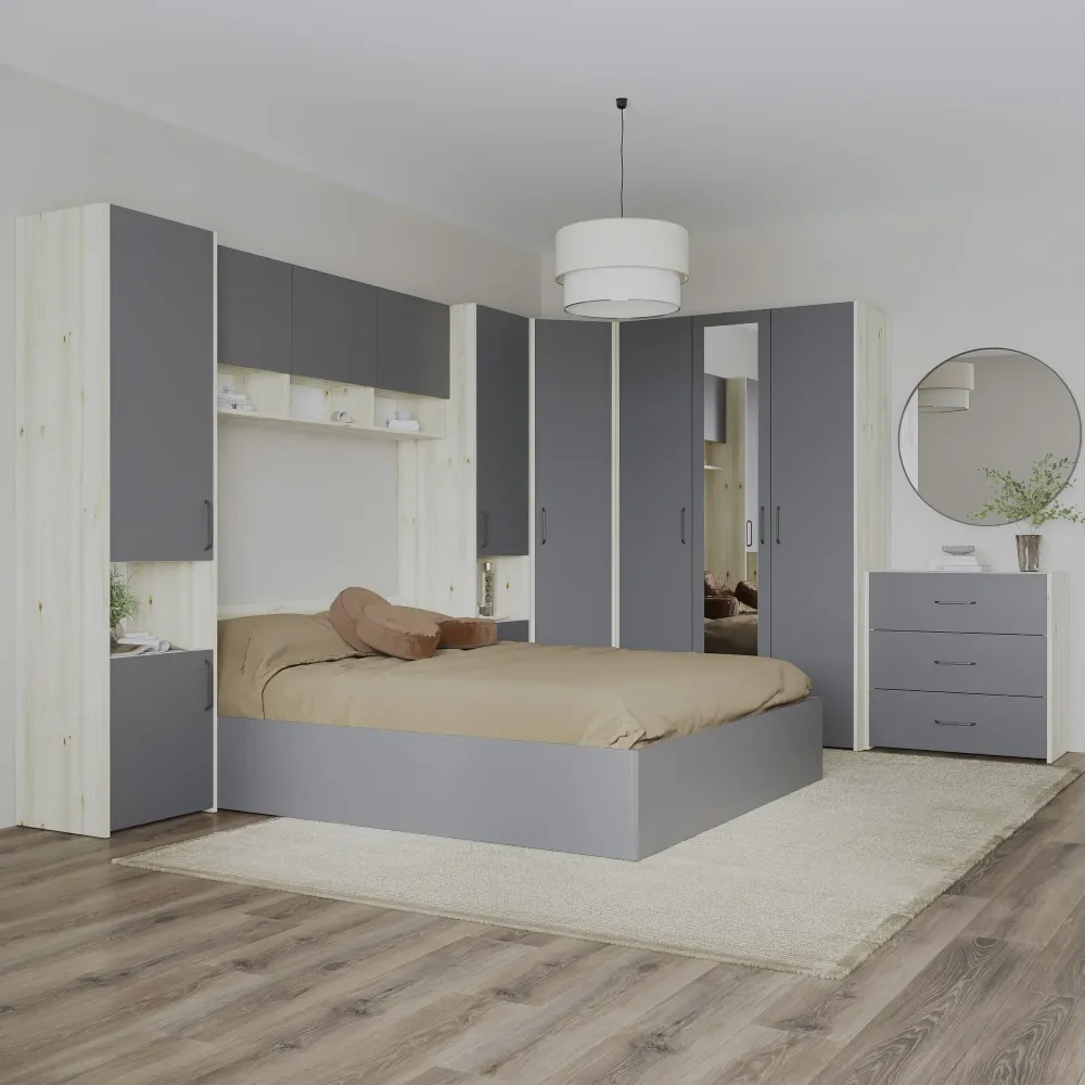 Set dormitor haaus Malmo V6, Pat 200 x 140 cm, Stejar Alb/Antracit