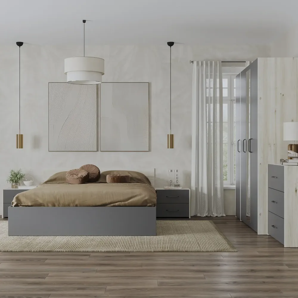 Set dormitor haaus Malmo V8, Pat 200 x 140 cm, Stejar Alb/Antracit