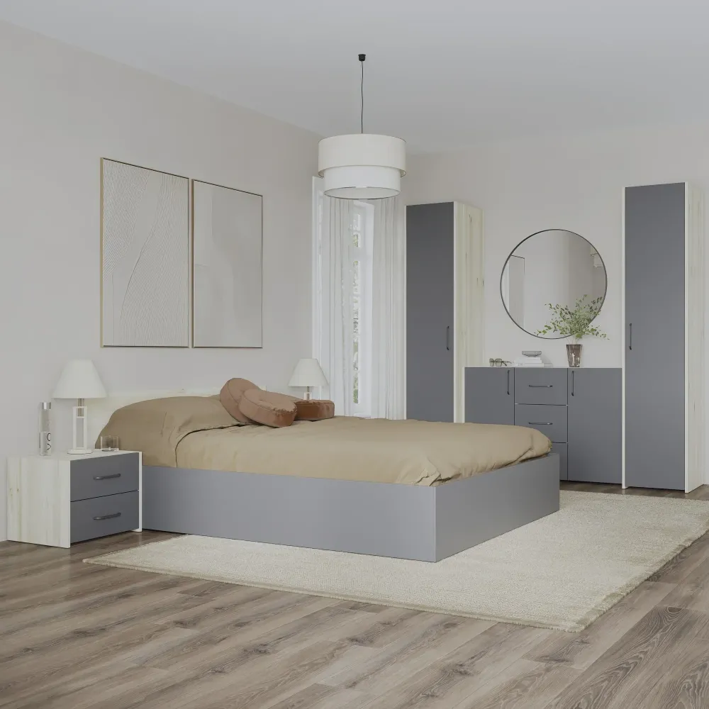 Set dormitor haaus Malmo V5, Pat 200 x 160 cm, Stejar Alb/Antracit