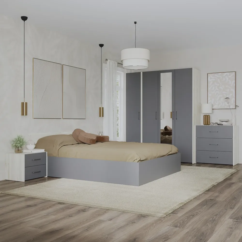 Set dormitor haaus Malmo V8, Pat 200 x 160 cm, Stejar Alb/Antracit