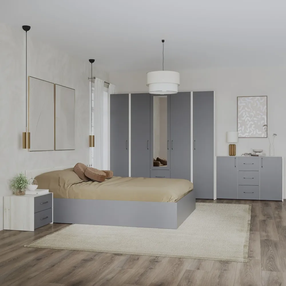 Set dormitor haaus Malmo V9, Pat 200 x 160 cm, Stejar Alb/Antracit