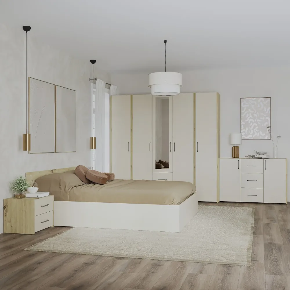 Set dormitor haaus Malmo V9, Pat 200 x 140 cm, Stejar Artisan/Argila