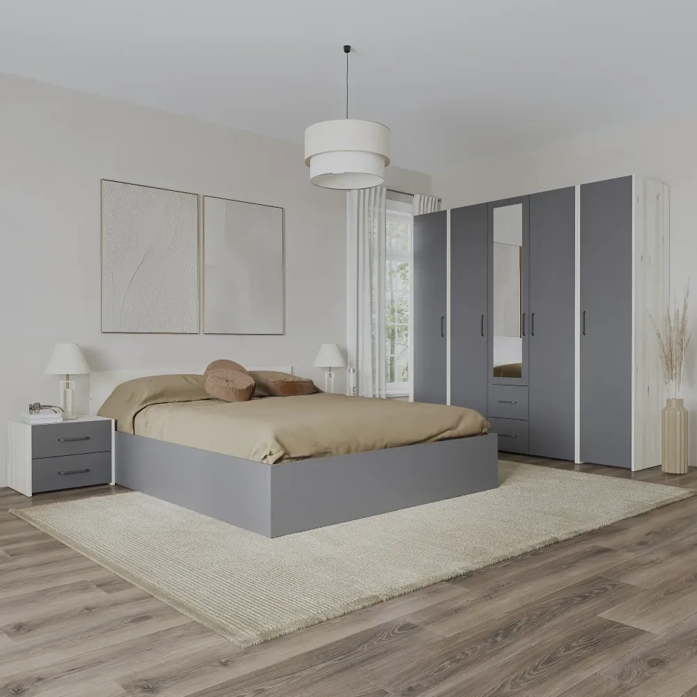 Set dormitor haaus Malmo V10, Pat 200 x 140 cm, Stejar Alb/Antracit