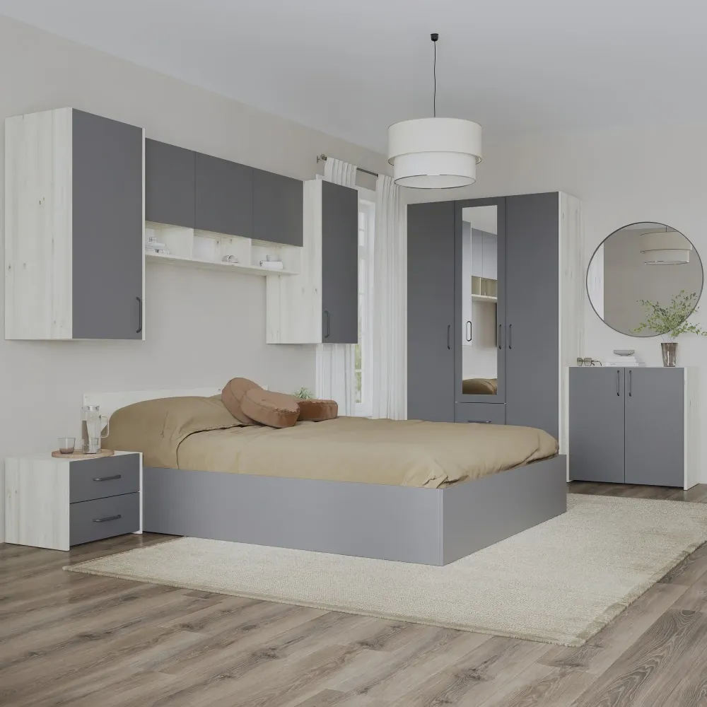 Set dormitor haaus Malmo V14, Pat 200 x 140 cm, Stejar Alb/Antracit