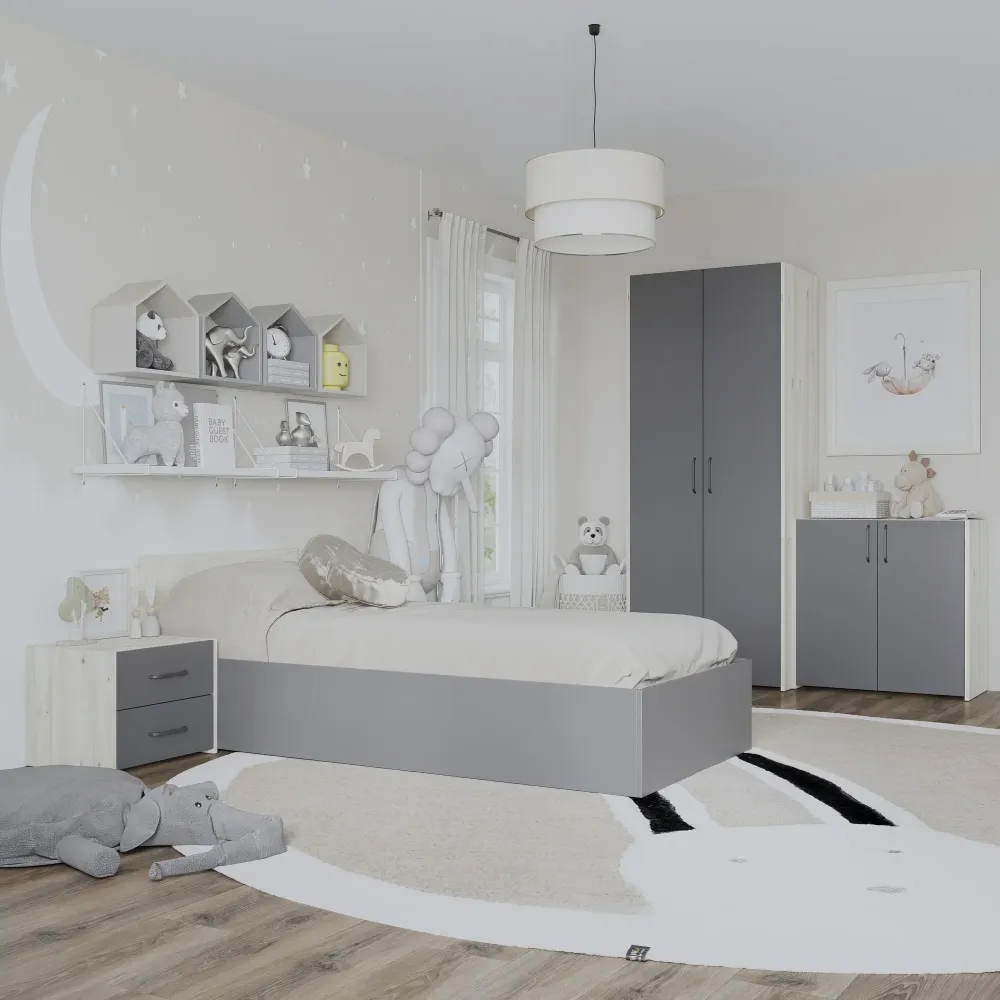 Set dormitor haaus Malmo V19, Pat 200 x 90 cm, Stejar Alb/Antracit