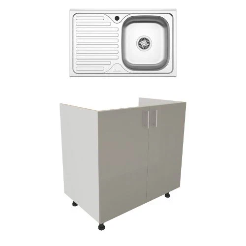 Set Masca Chiuveta Karo, Gri Lucios/Alb, MDF, 80 x 50 x 80 cm, Chiuveta Inox, Cuva dreapta