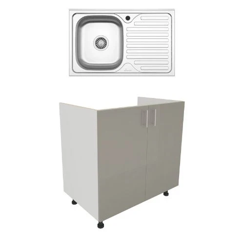 Set Masca Chiuveta Karo, Gri Lucios/Alb, MDF, 80 x 50 x 80 cm, Chiuveta Inox, Cuva stanga