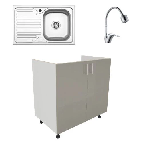 Set Masca Chiuveta Karo, Gri Lucios/Alb, MDF, 80 x 50 x 80 cm, Chiuveta Inox, Cuva dreapta, Baterie Flexibila