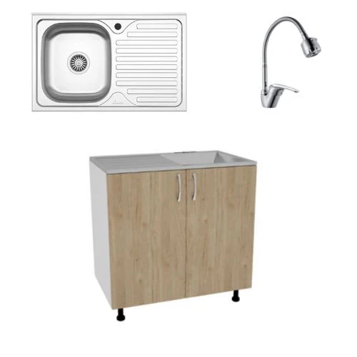 Set Masca Chiuveta Karo, Lemn Natural/Alb, 80 x 50 x 80 cm, Chiuveta Inox, Cuva stanga, Baterie Flexibila