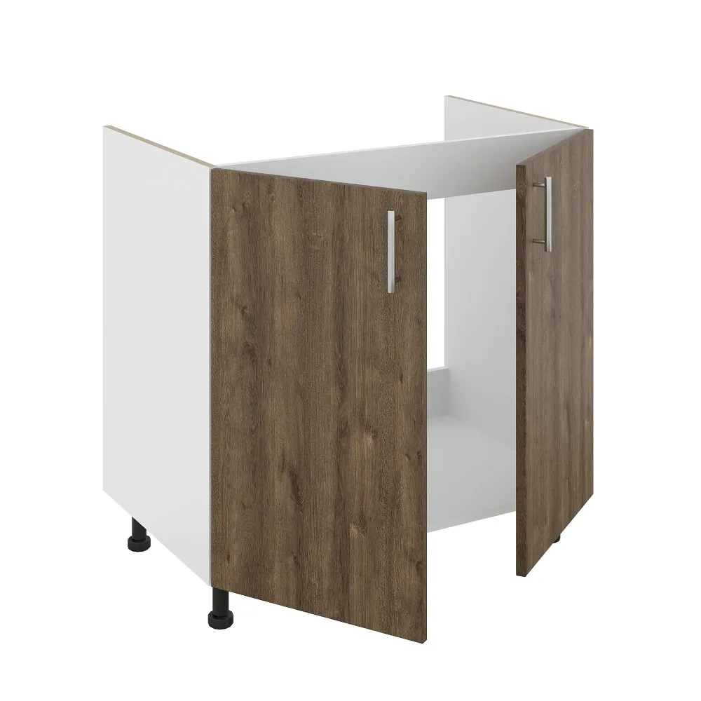 Set Masca Chiuveta Karo, Stejar Bronz/Alb, 80 x 50 x 80 cm, Chiuveta Inox, Cuva dreapta, Baterie Flexibila