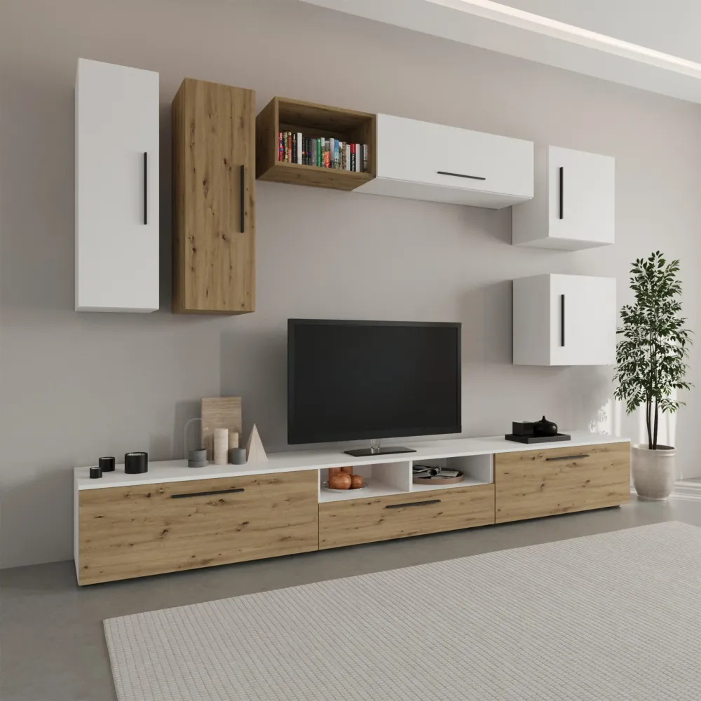 Living Kos haaus V1, Alb/Stejar Artisan, L 285 cm